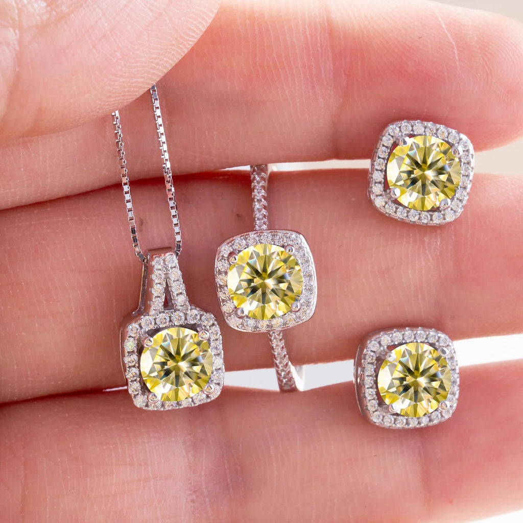 Moissanite D Color Round Cut 925 Sterling Silver Pendant Necklace and Studs Set BandsCo Straps
