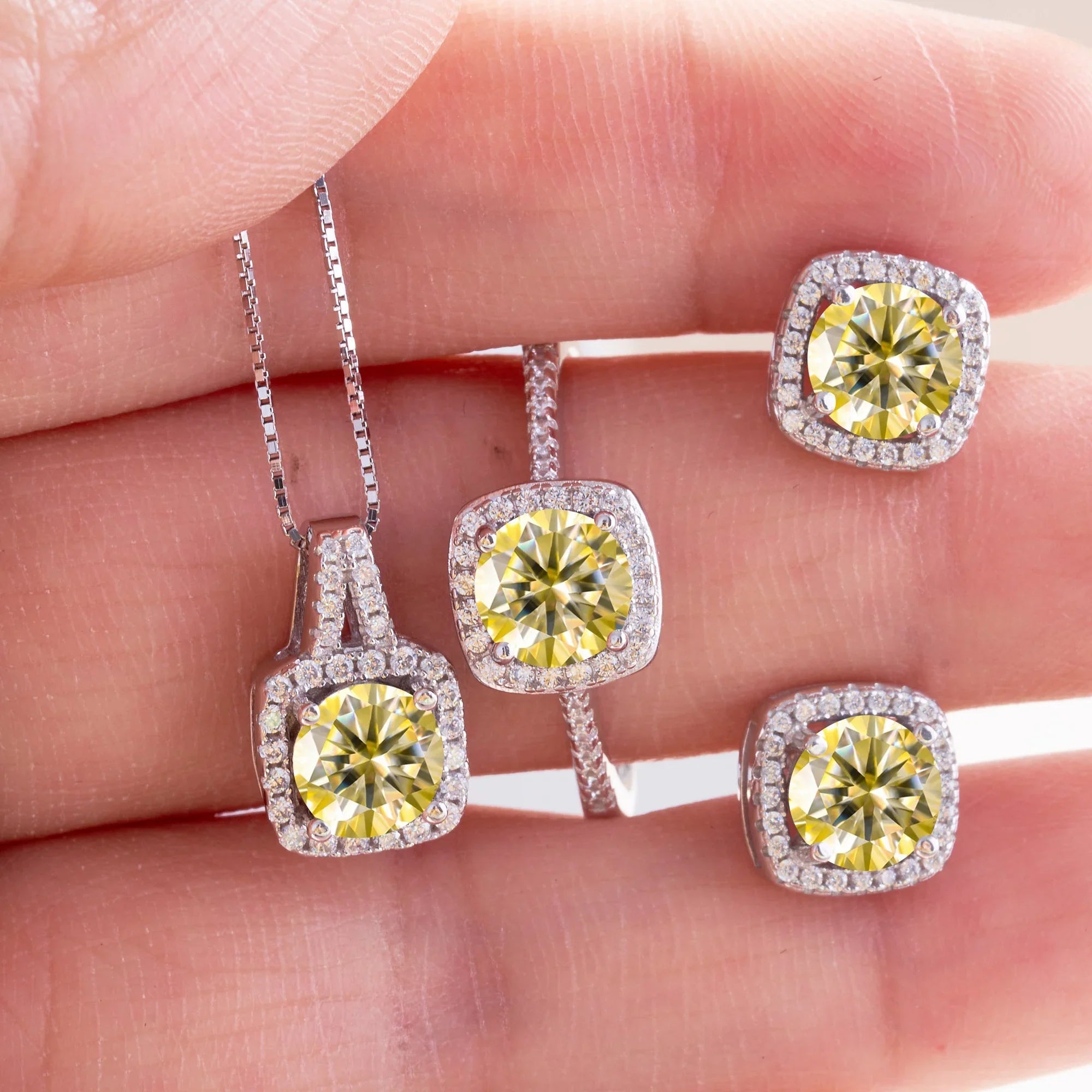 Moissanite D Color Round Cut 925 Sterling Silver Pendant Necklace and Studs Set BandsCo Straps