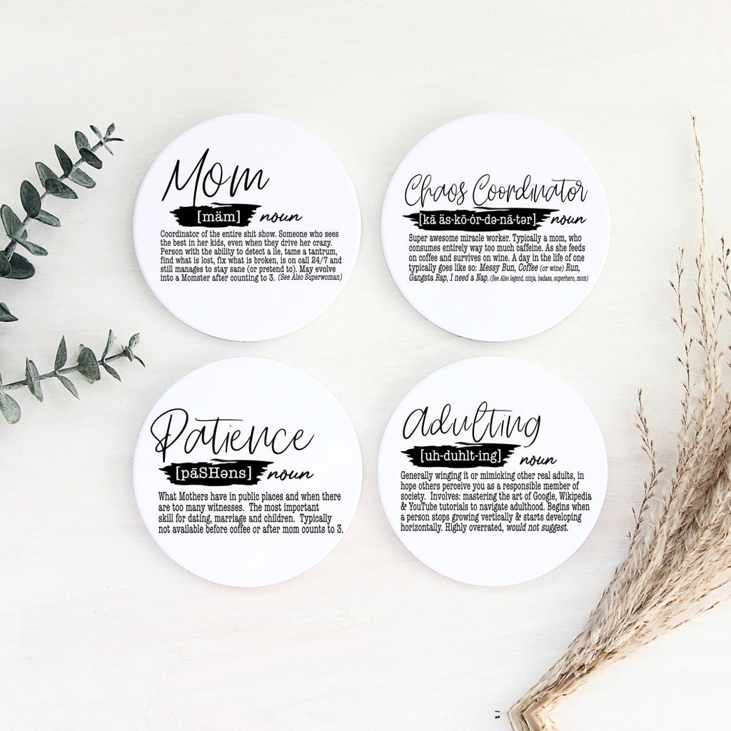 Adulting Funny Coaster Gift Set 6 Pack Humorous Quote Drink Coasters Home Bar Decor BandsCo Straps