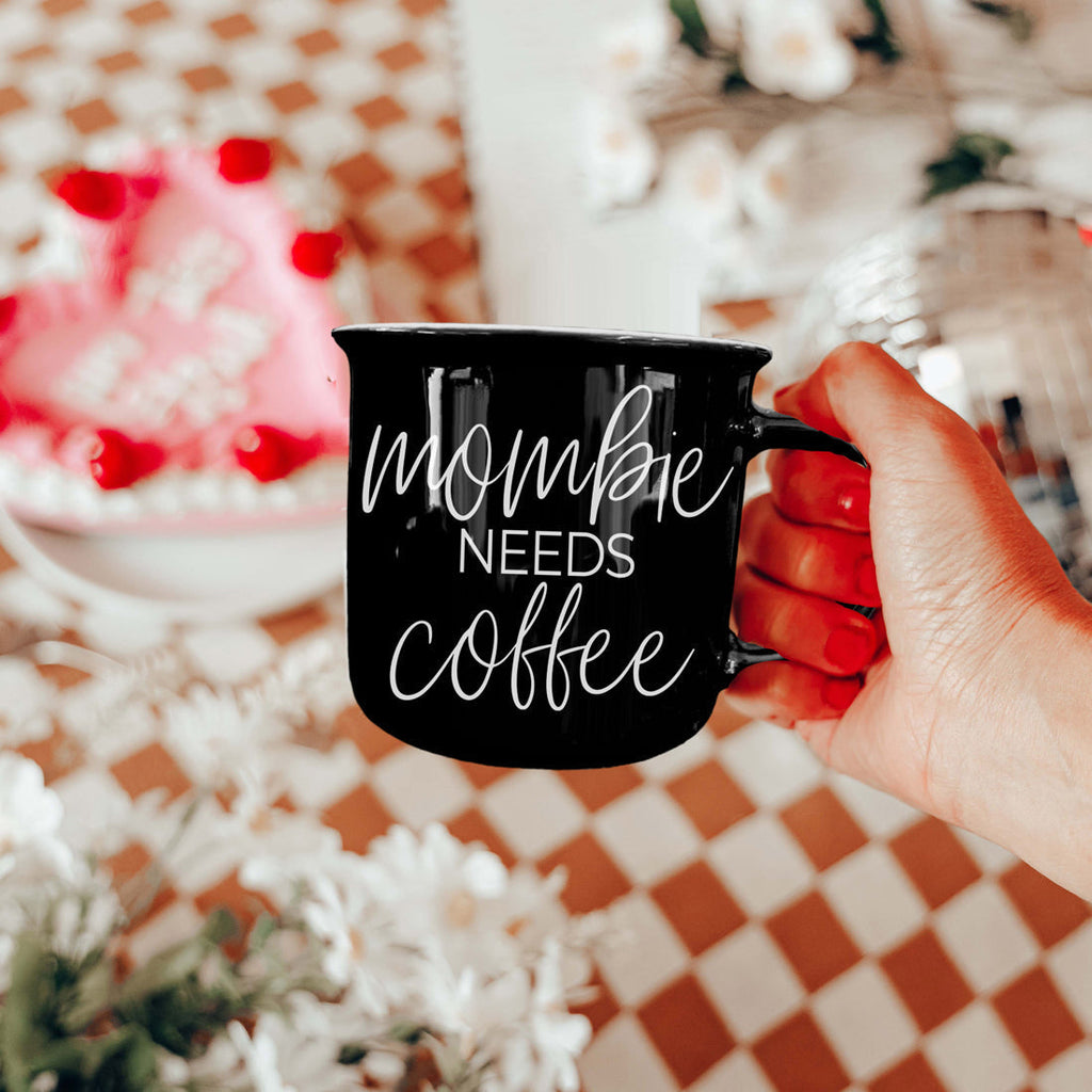 Mombie Mug 14.5Oz Black Ceramic Coffee Cup Funny Mom Survival Gift Motherhood Zombie Humor BandsCo Straps