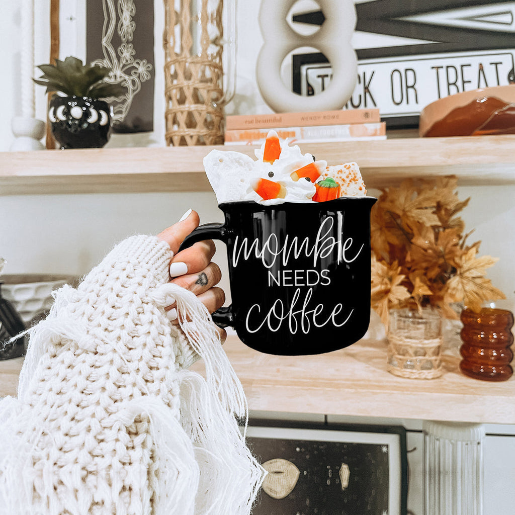 Mombie Mug 14.5Oz Black Ceramic Coffee Cup Funny Mom Survival Gift Motherhood Zombie Humor BandsCo Straps