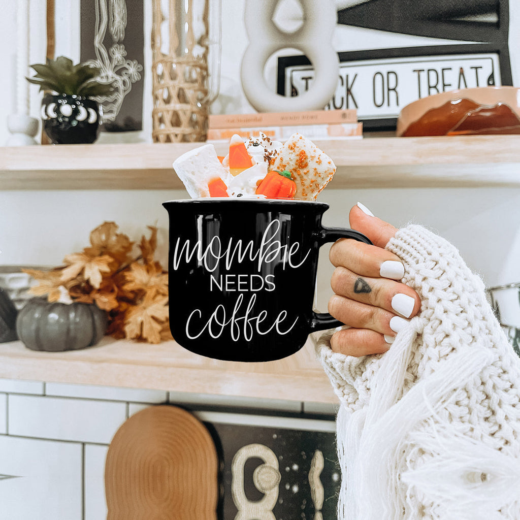 Mombie Mug 14.5Oz Black Ceramic Coffee Cup Funny Mom Survival Gift Motherhood Zombie Humor BandsCo Straps