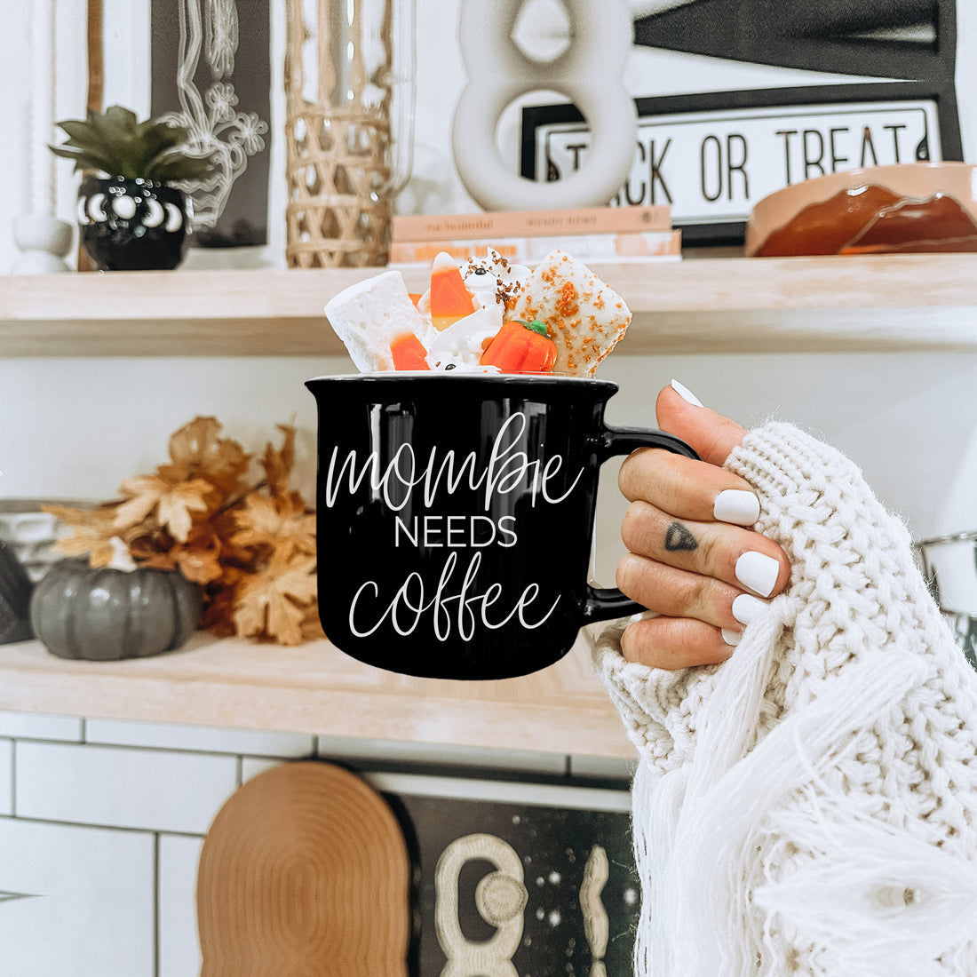 Mombie Mug 14.5Oz Black Ceramic Coffee Cup Funny Mom Survival Gift Motherhood Zombie Humor BandsCo Straps