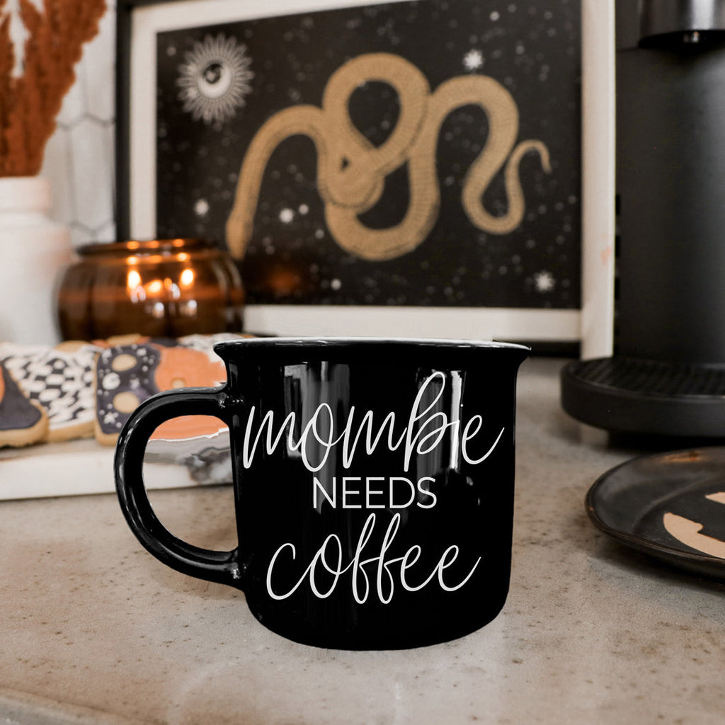 Mombie Mug 14.5Oz Black Ceramic Coffee Cup Funny Mom Survival Gift Motherhood Zombie Humor BandsCo Straps