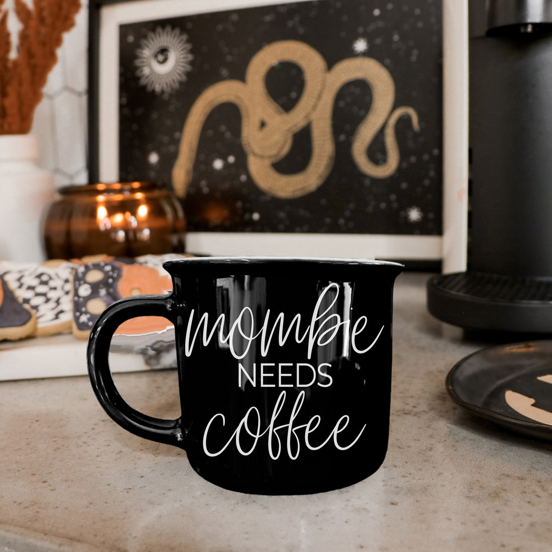 Mombie Mug 14.5Oz Black Ceramic Coffee Cup Funny Mom Survival Gift Motherhood Zombie Humor BandsCo Straps