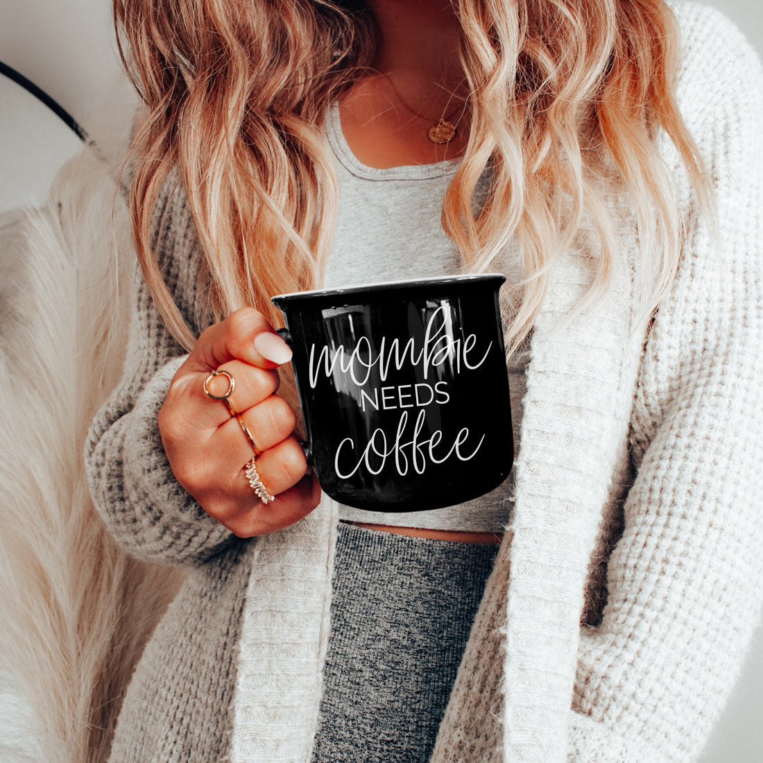 Mombie Mug 14.5Oz Black Ceramic Coffee Cup Funny Mom Survival Gift Motherhood Zombie Humor BandsCo Straps