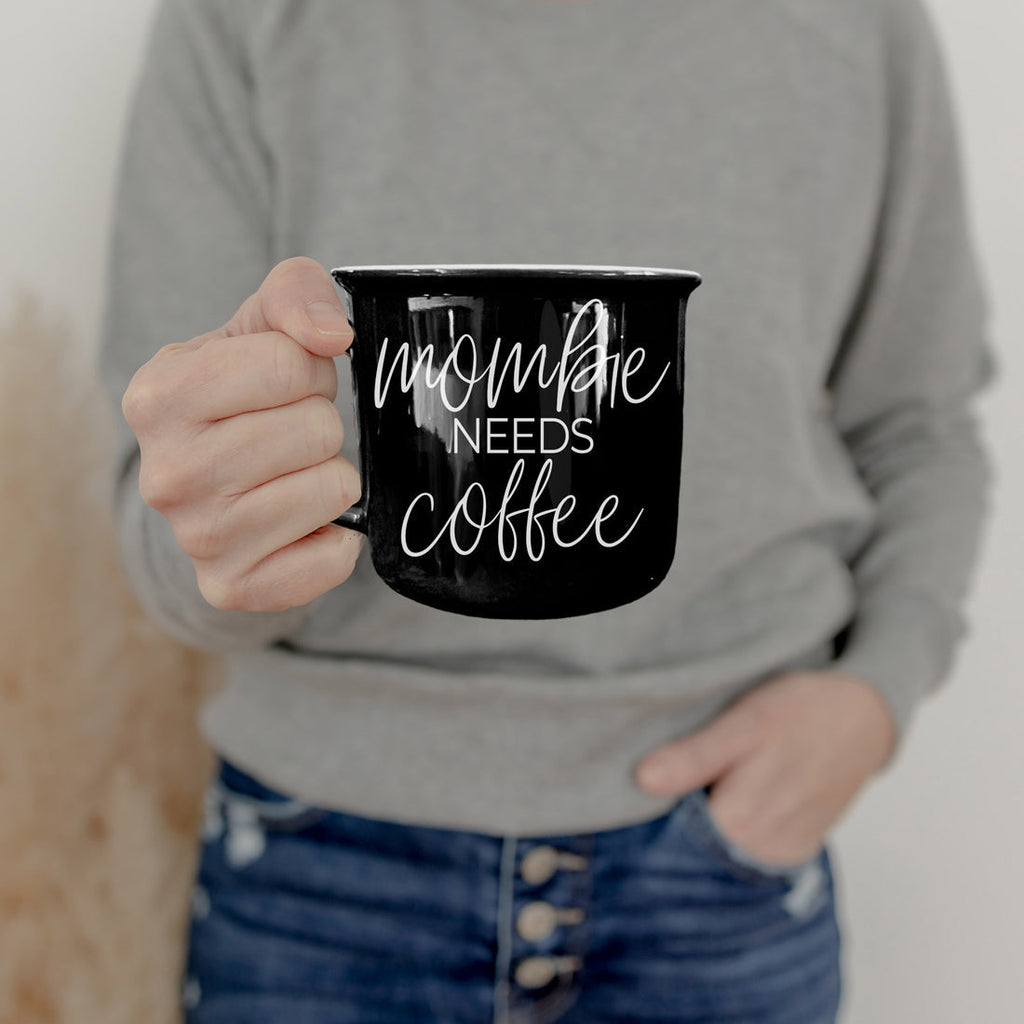Mombie Mug 14.5Oz Black Ceramic Coffee Cup Funny Mom Survival Gift Motherhood Zombie Humor BandsCo Straps