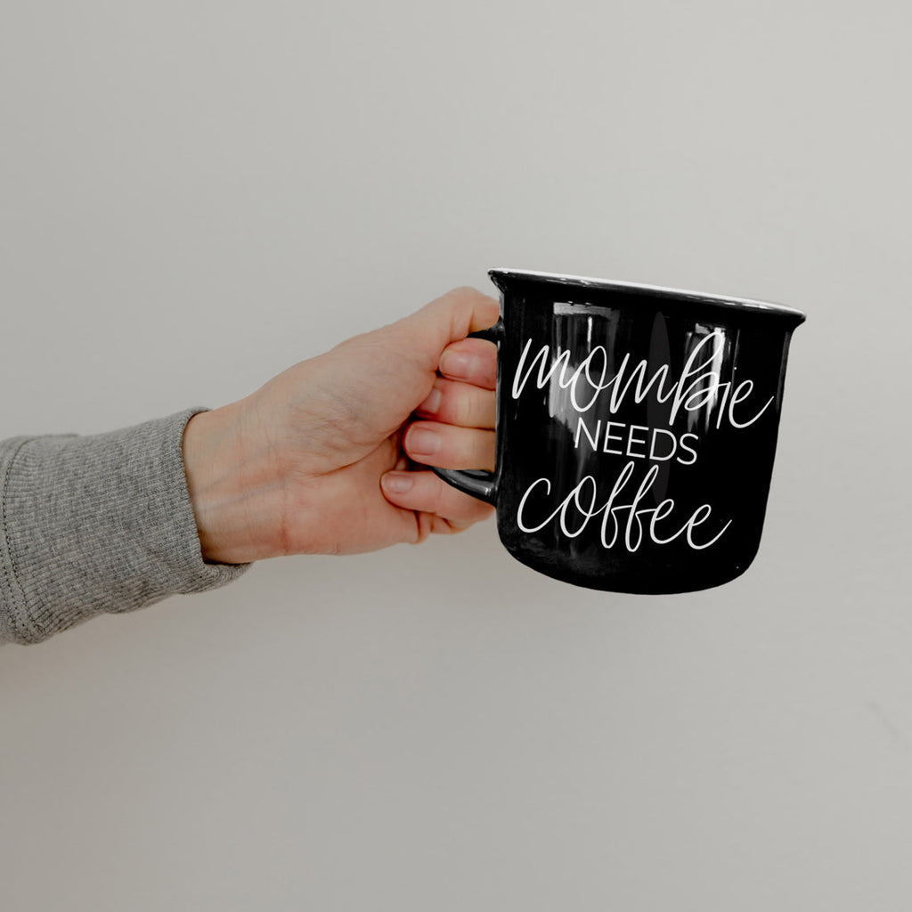 Mombie Mug 14.5Oz Black Ceramic Coffee Cup Funny Mom Survival Gift Motherhood Zombie Humor BandsCo Straps