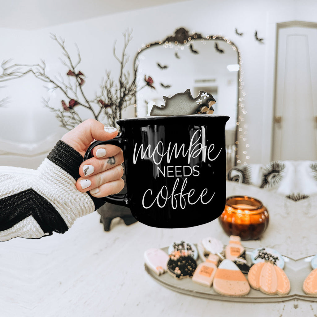 Mombie Mug 14.5Oz Black Ceramic Coffee Cup Funny Mom Survival Gift Motherhood Zombie Humor BandsCo Straps