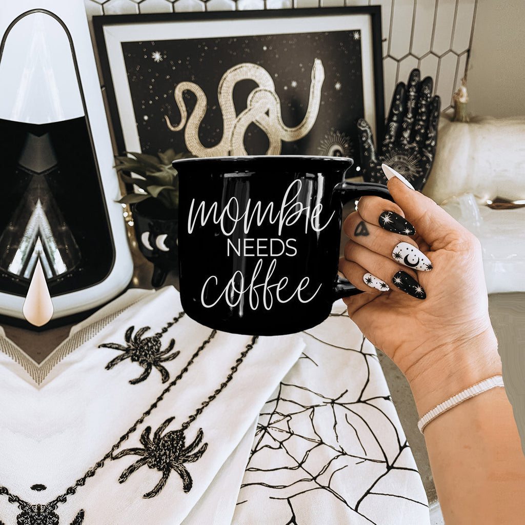 Mombie Mug 14.5Oz Black Ceramic Coffee Cup Funny Mom Survival Gift Motherhood Zombie Humor BandsCo Straps