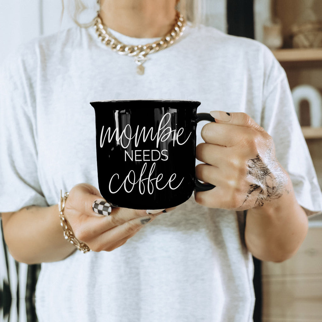 Mombie Mug 14.5Oz Black Ceramic Coffee Cup Funny Mom Survival Gift Motherhood Zombie Humor BandsCo Straps