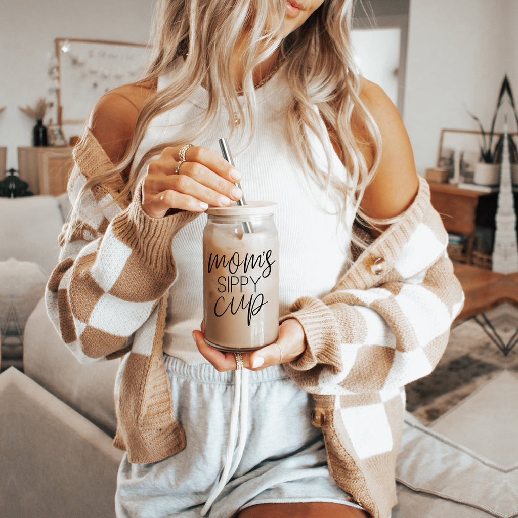 Mom's Sippy 17oz Glass Tumbler With Bamboo Lid 2 Stainless Straws And Cleaner BandsCo Straps