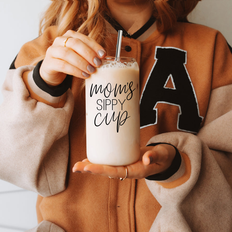 Mom's Sippy 17oz Glass Tumbler With Bamboo Lid 2 Stainless Straws And Cleaner BandsCo Straps