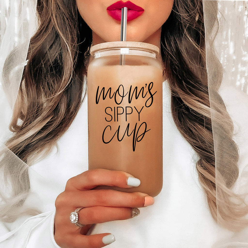 Mom's Sippy 17oz Glass Tumbler With Bamboo Lid 2 Stainless Straws And Cleaner BandsCo Straps