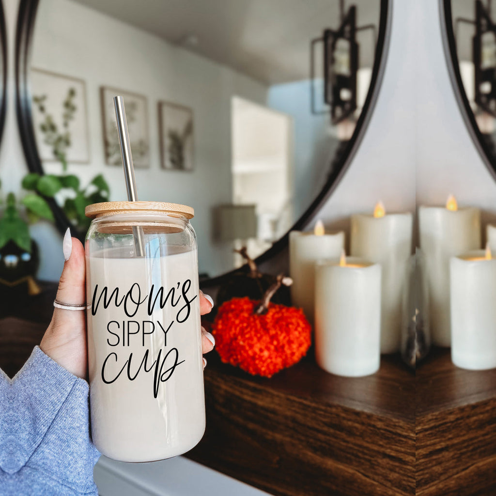 Mom's Sippy 17oz Glass Tumbler With Bamboo Lid 2 Stainless Straws And Cleaner BandsCo Straps