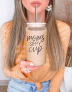 Mom's Sippy 17oz Glass Tumbler With Bamboo Lid 2 Stainless Straws And Cleaner BandsCo Straps