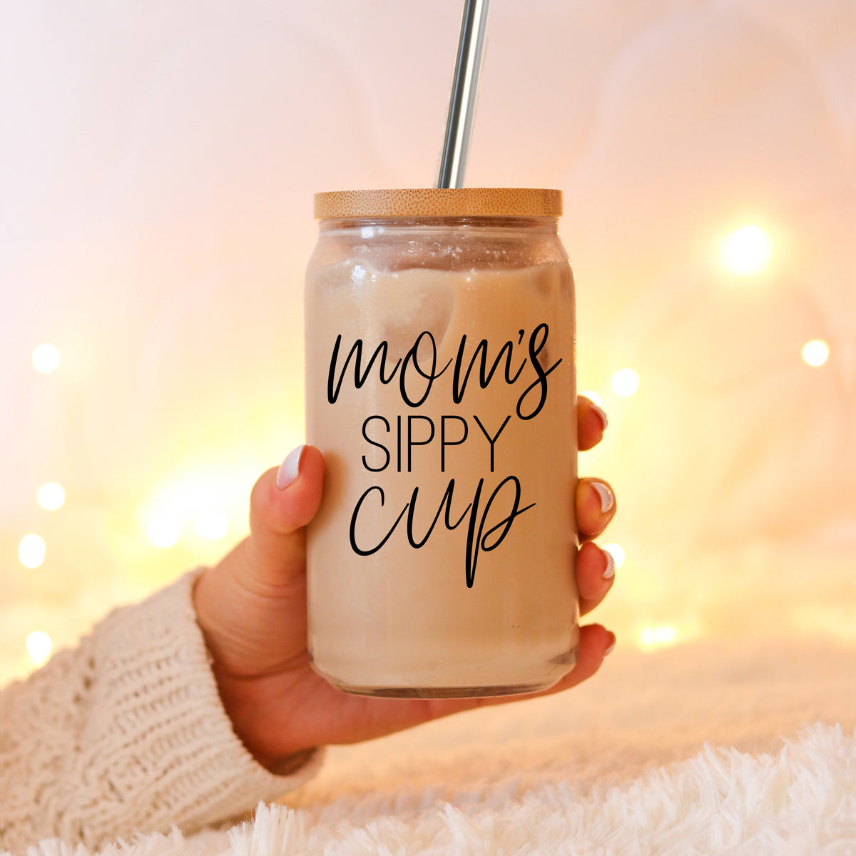 Mom's Sippy 17oz Glass Tumbler With Bamboo Lid 2 Stainless Straws And Cleaner BandsCo Straps