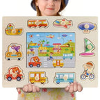 Montessori Wooden Puzzles Hand Grab Boards Toys Tangram Baby Educational Toys Cartoon Vehicle Animals Fruits 3D Puzzles - SJB-DIAMOND ELITES