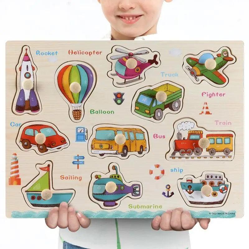 Montessori Wooden Puzzles Hand Grab Boards Toys Tangram Baby Educational Toys Cartoon Vehicle Animals Fruits 3D Puzzles - SJB-DIAMOND ELITES