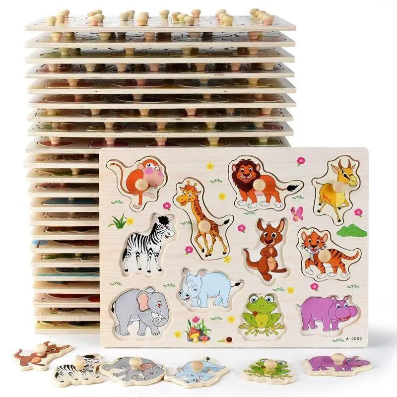 Montessori Wooden Puzzles Hand Grab Boards Toys Tangram Baby Educational Toys Cartoon Vehicle Animals Fruits 3D Puzzles - SJB-DIAMOND ELITES