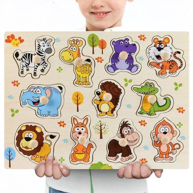 Montessori Wooden Puzzles Hand Grab Boards Toys Tangram Baby Educational Toys Cartoon Vehicle Animals Fruits 3D Puzzles - SJB-DIAMOND ELITES