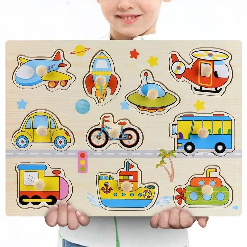 Montessori Wooden Puzzles Hand Grab Boards Toys Tangram Baby Educational Toys Cartoon Vehicle Animals Fruits 3D Puzzles - SJB-DIAMOND ELITES