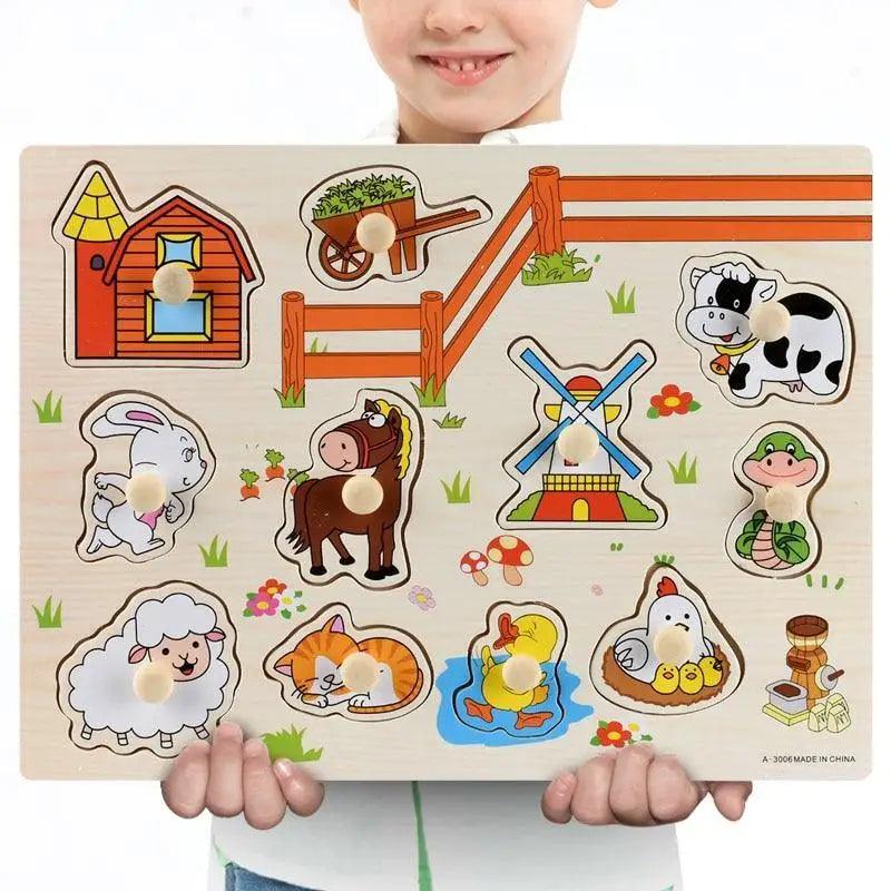 Montessori Wooden Puzzles Hand Grab Boards Toys Tangram Baby Educational Toys Cartoon Vehicle Animals Fruits 3D Puzzles - SJB-DIAMOND ELITES