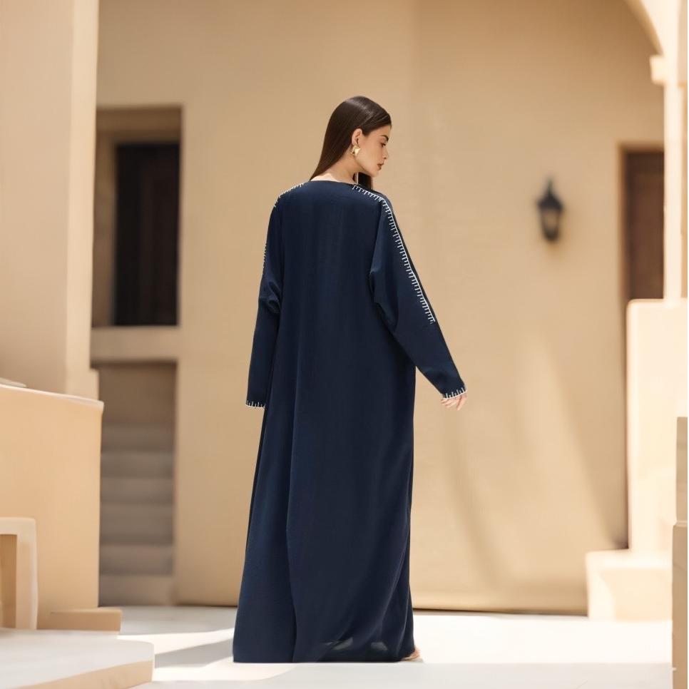 Moonlight Navy Abaya With White Geometric Stitch Embroidery | 2-Piece Set (MOA119)