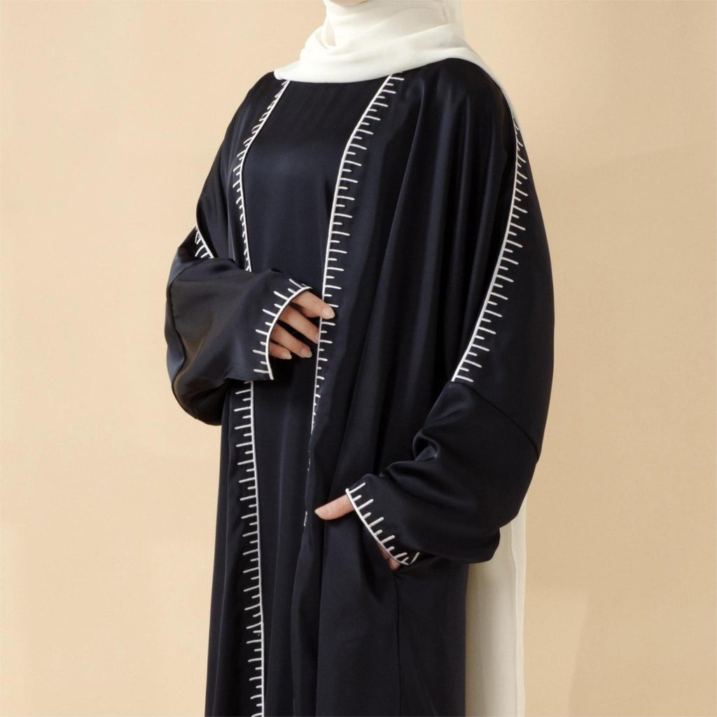 Moonlight Navy Abaya With White Geometric Stitch Embroidery | 2-Piece Set (MOA119)