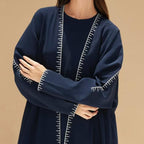 Moonlight Navy Abaya With White Geometric Stitch Embroidery | 2-Piece Set (MOA119)