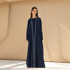 Moonlight Navy Abaya With White Geometric Stitch Embroidery | 2-Piece Set (MOA119)