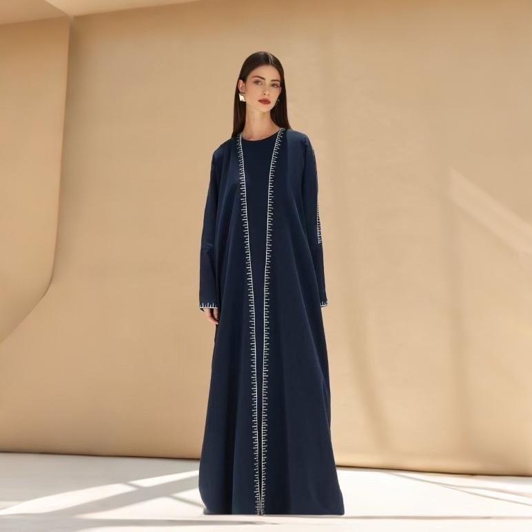 Moonlight Navy Abaya With White Geometric Stitch Embroidery | 2-Piece Set (MOA119)