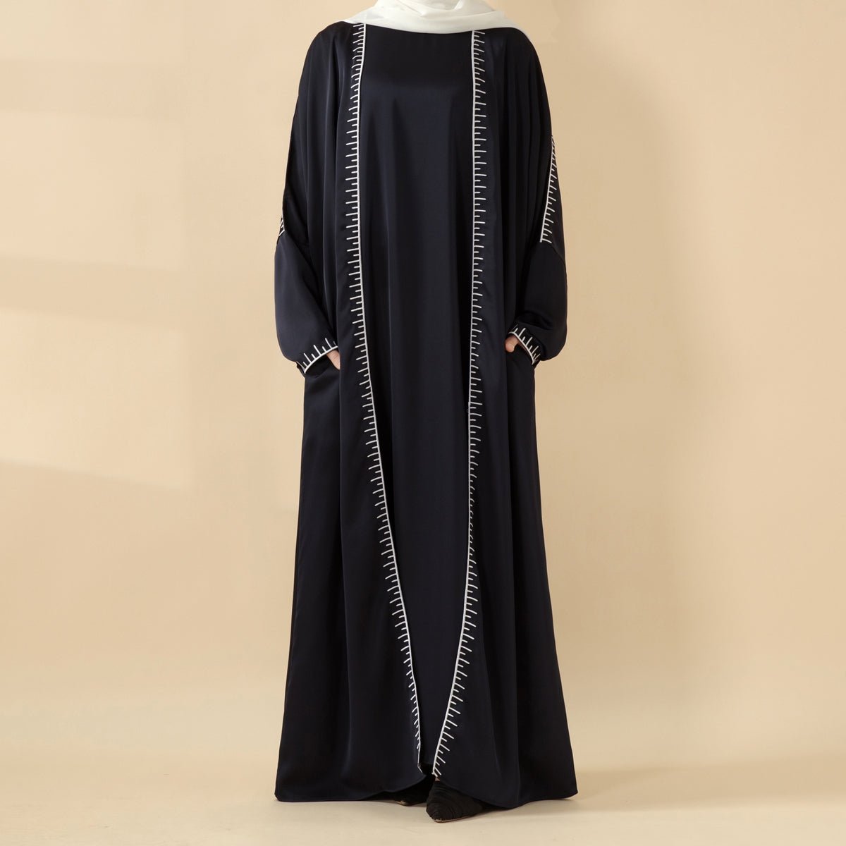 Moonlight Navy Abaya With White Geometric Stitch Embroidery | 2-Piece Set (MOA119)