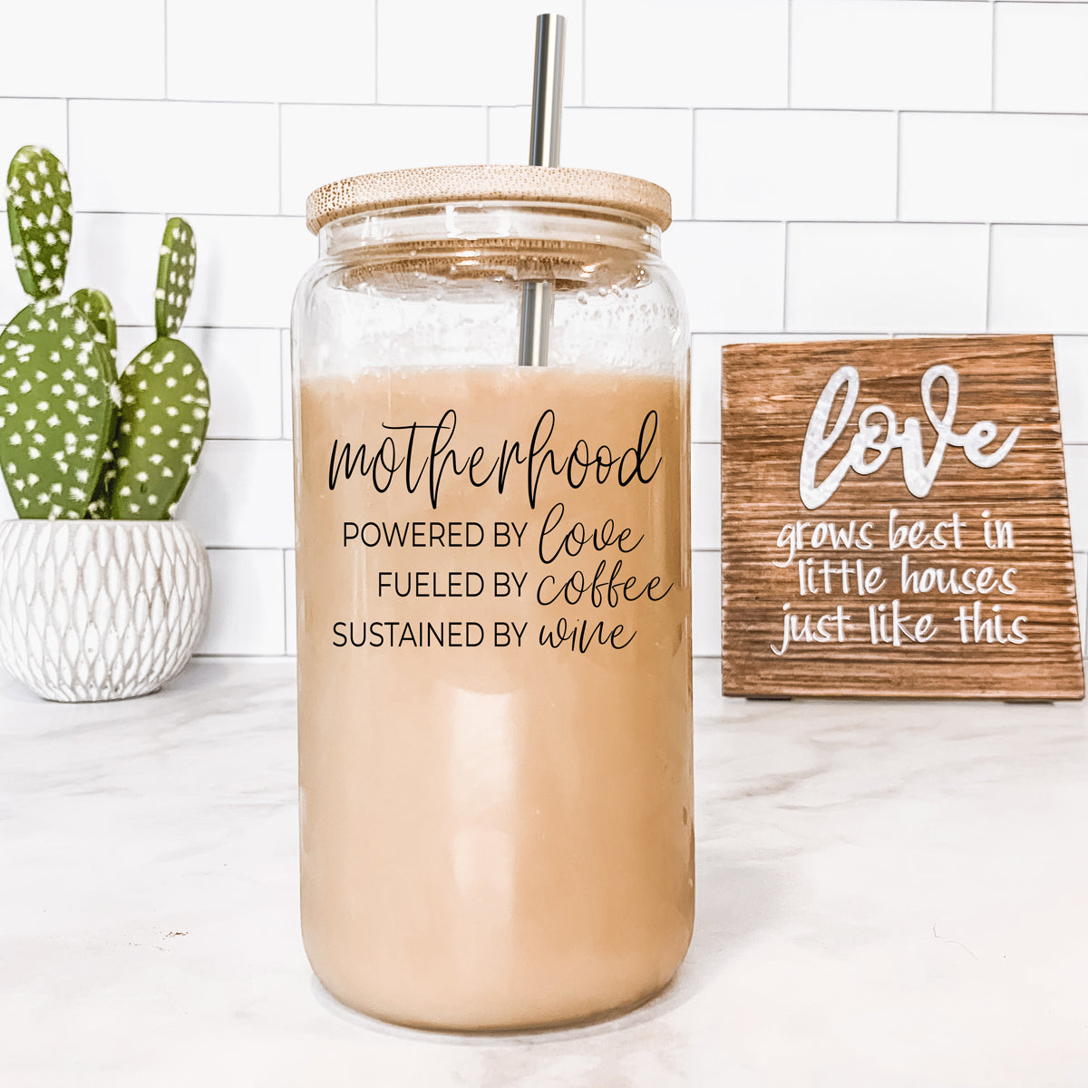 Motherhood Definition 17oz Glass Tumbler With Bamboo Lid And 2 Stainless Straws BandsCo Straps