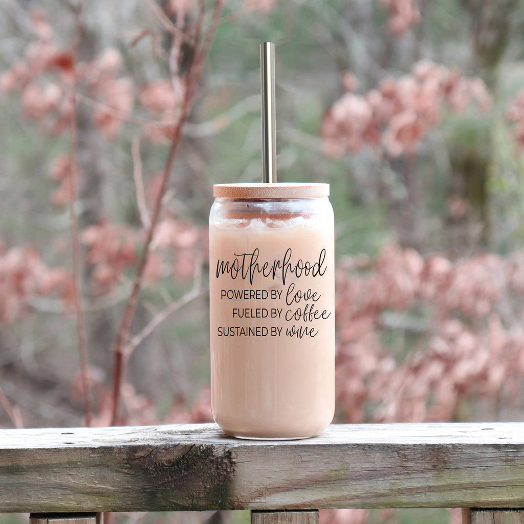 Motherhood Definition 17oz Glass Tumbler With Bamboo Lid And 2 Stainless Straws BandsCo Straps