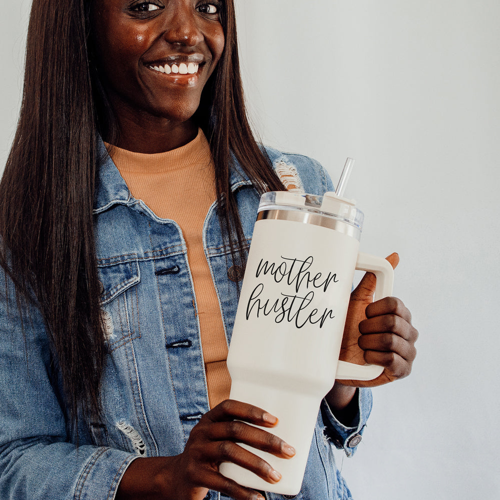 Mother Hustler 40oz Tumbler For Moms Personal Insulated Straw Cup Travel Mug BandsCo Straps