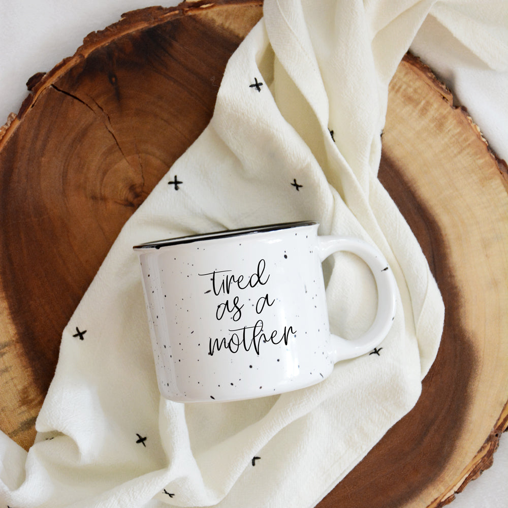 Tired As A Mother Campfire Mug Heavy Duty 15oz Oversized Ceramic Mug White Sesame Glaze Black Rim BandsCo Straps