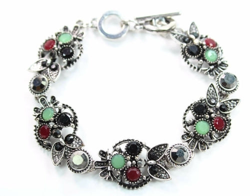 Multi Crystal Owl Bracelet Silver Vintage Gemstone Charm
