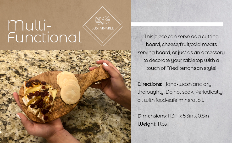 Olive Wood Cutting Board With Handle Reversible Serving Board 12x8 Inch
