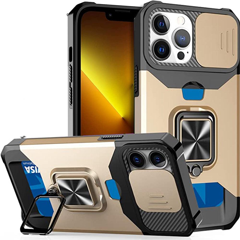Multifunctional Card Holder Heavy Duty Protective iPhone Case For iPhone  14 13 12 11  Pro Max Slide Camera Kickstand Card Holder Slot Wallet Protective With Ring Stand Cover Magnetic Strong Phone Case Stevvex