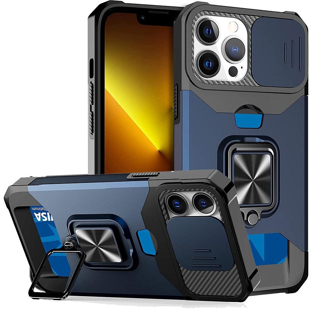 Multifunctional Card Holder Heavy Duty Protective iPhone Case For iPhone  14 13 12 11  Pro Max Slide Camera Kickstand Card Holder Slot Wallet Protective With Ring Stand Cover Magnetic Strong Phone Case Stevvex