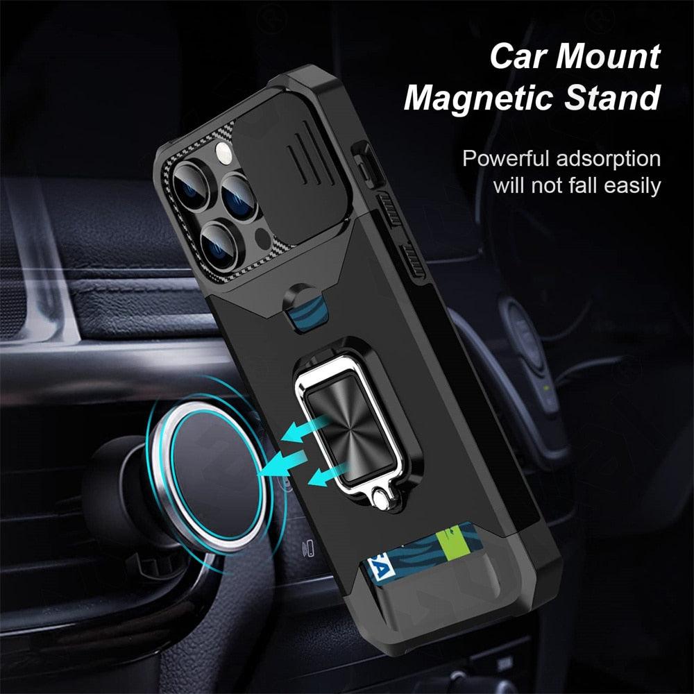 Multifunctional Card Holder Heavy Duty Protective iPhone Case For iPhone  14 13 12 11  Pro Max Slide Camera Kickstand Card Holder Slot Wallet Protective With Ring Stand Cover Magnetic Strong Phone Case Stevvex