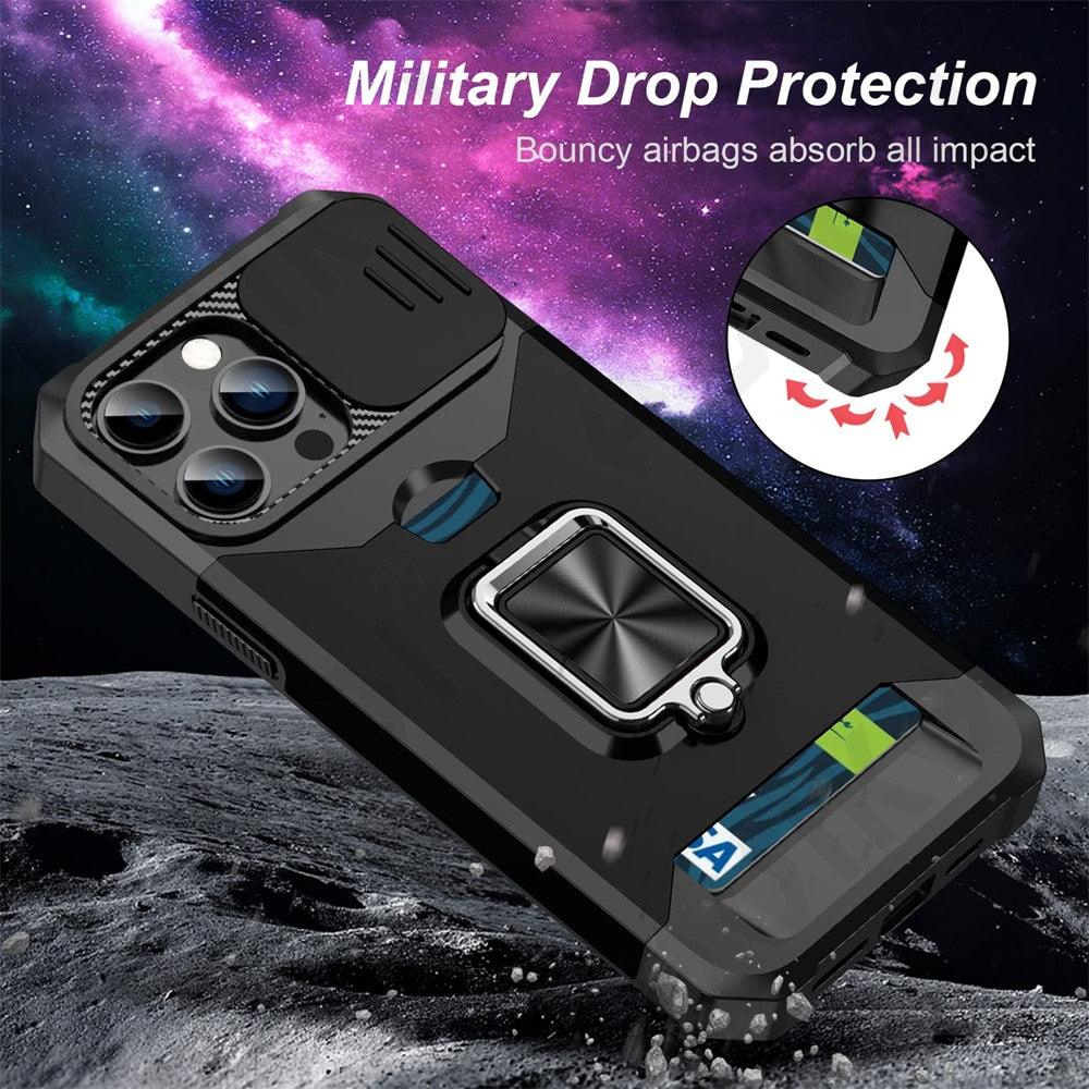 Multifunctional Card Holder Heavy Duty Protective iPhone Case For iPhone  14 13 12 11  Pro Max Slide Camera Kickstand Card Holder Slot Wallet Protective With Ring Stand Cover Magnetic Strong Phone Case Stevvex