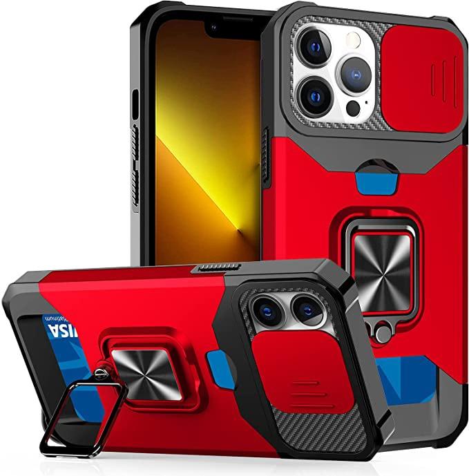Multifunctional Card Holder Heavy Duty Protective iPhone Case For iPhone  14 13 12 11  Pro Max Slide Camera Kickstand Card Holder Slot Wallet Protective With Ring Stand Cover Magnetic Strong Phone Case Stevvex