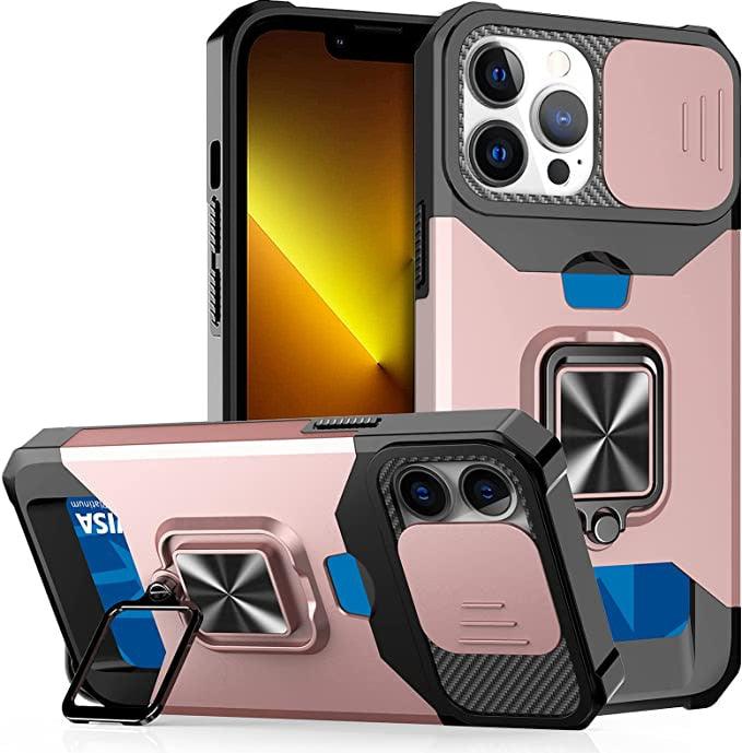 Multifunctional Card Holder Heavy Duty Protective iPhone Case For iPhone  14 13 12 11  Pro Max Slide Camera Kickstand Card Holder Slot Wallet Protective With Ring Stand Cover Magnetic Strong Phone Case Stevvex