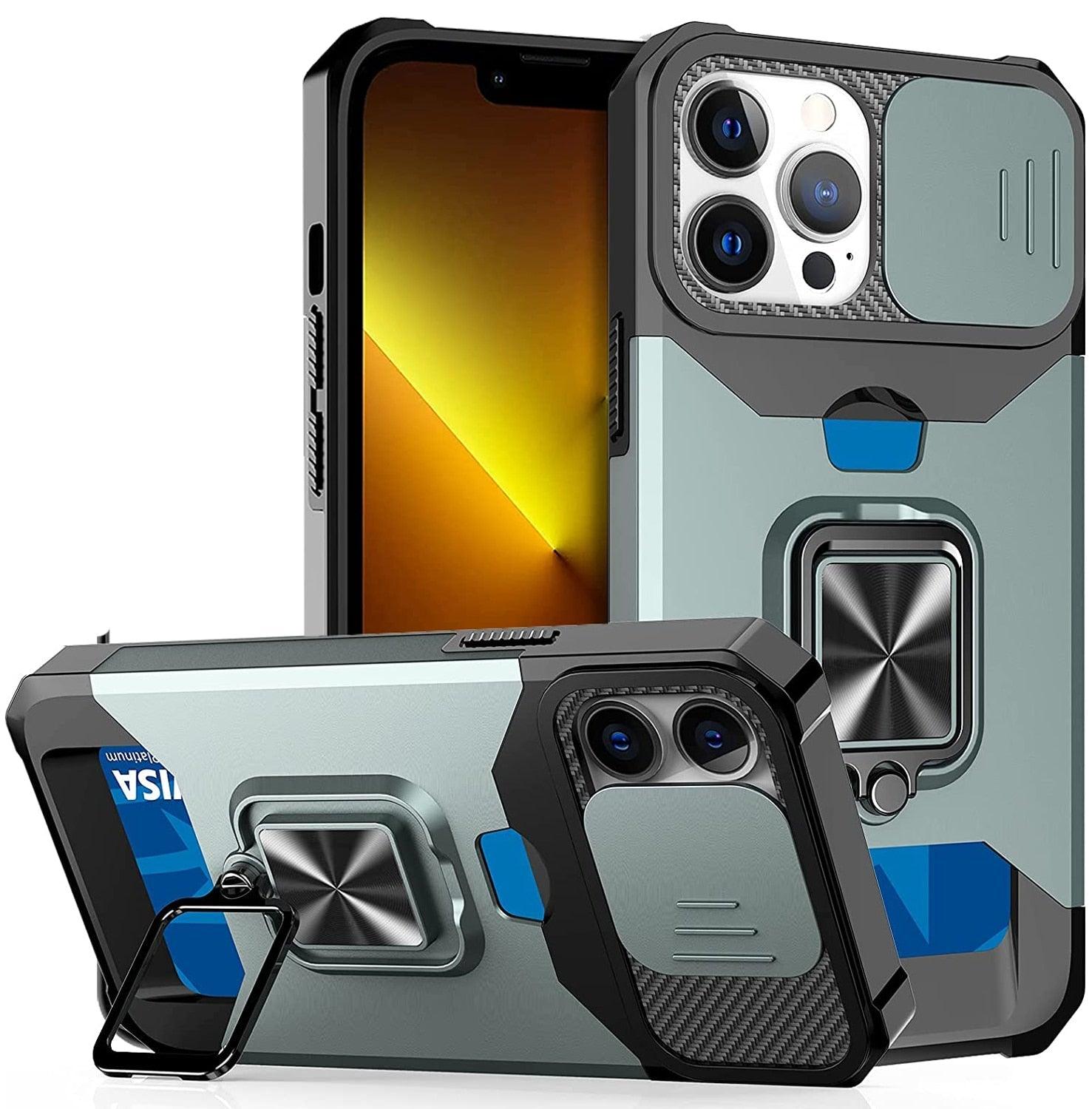 Multifunctional Card Holder Heavy Duty Protective iPhone Case For iPhone  14 13 12 11  Pro Max Slide Camera Kickstand Card Holder Slot Wallet Protective With Ring Stand Cover Magnetic Strong Phone Case Stevvex
