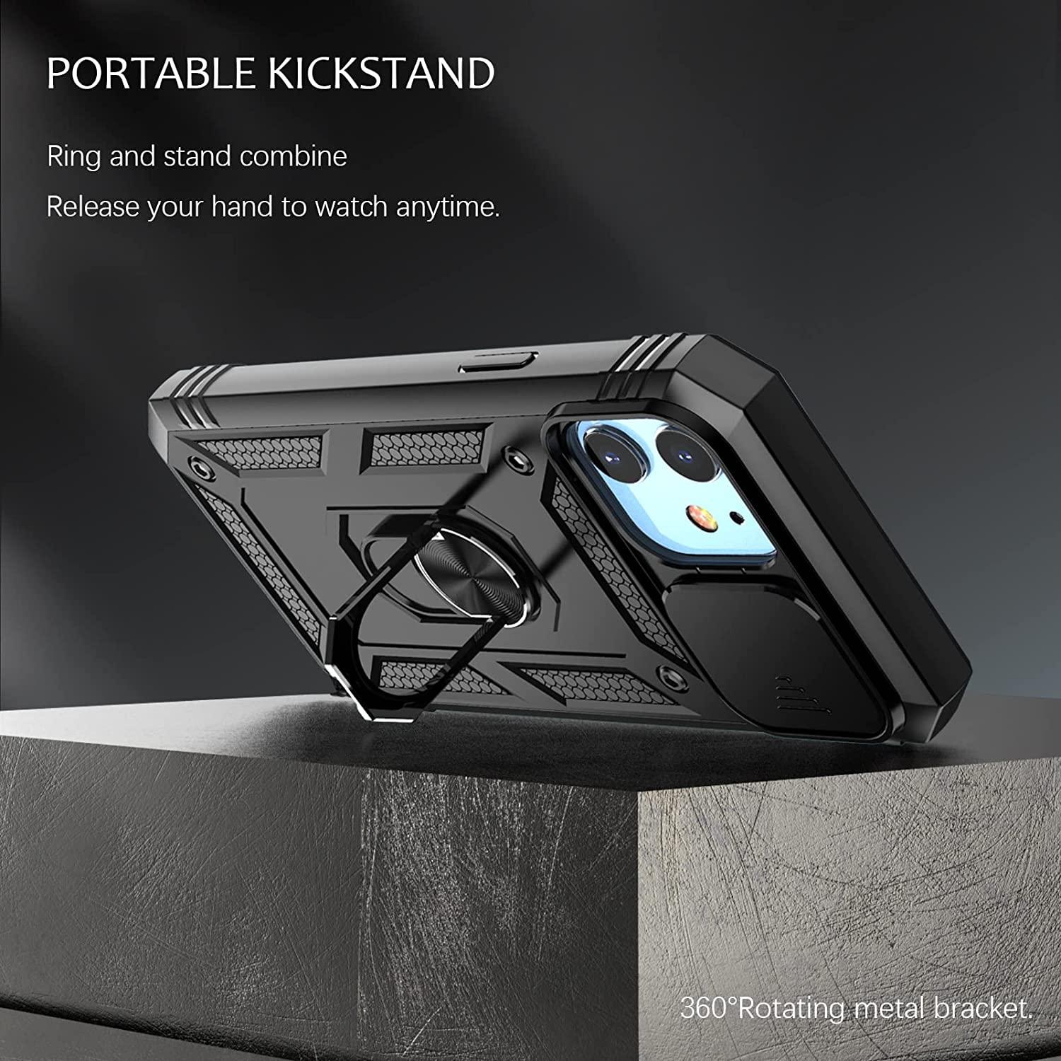Multifunctional Heavy Duty Front and Back Full Body Shockproof Bumper Protection Cover Case For iPhone 13 12 11 Pro Max X Max 8 Plus Case Heavy Duty with Camera Rotate Kickstand Sturdy Shockproof Cover Stevvex
