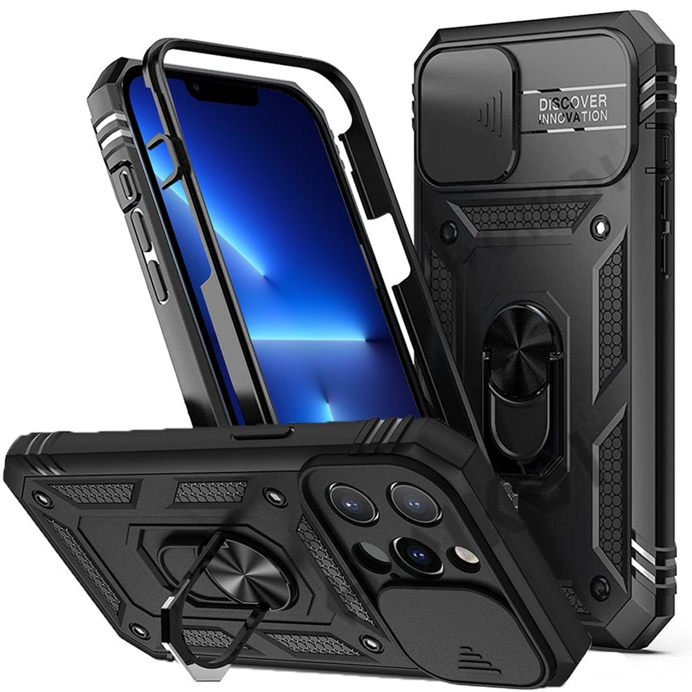 Multifunctional Heavy Duty Front and Back Full Body Shockproof Bumper Protection Cover Case For iPhone 13 12 11 Pro Max X Max 8 Plus Case Heavy Duty with Camera Rotate Kickstand Sturdy Shockproof Cover Stevvex