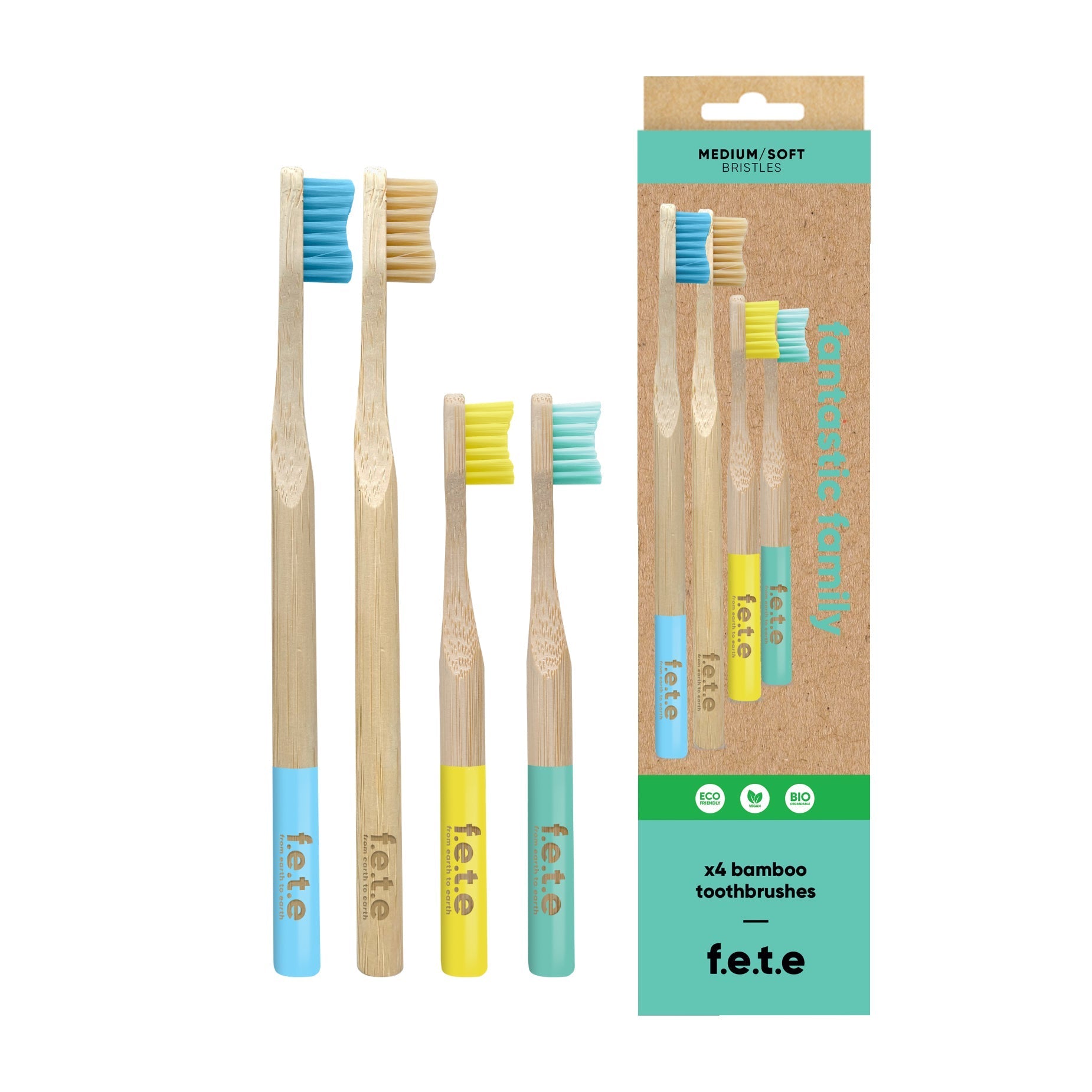 F.E.T.E. 4 Bamboo Toothbrushes Family Pack Multicolor - New This is Beauty US