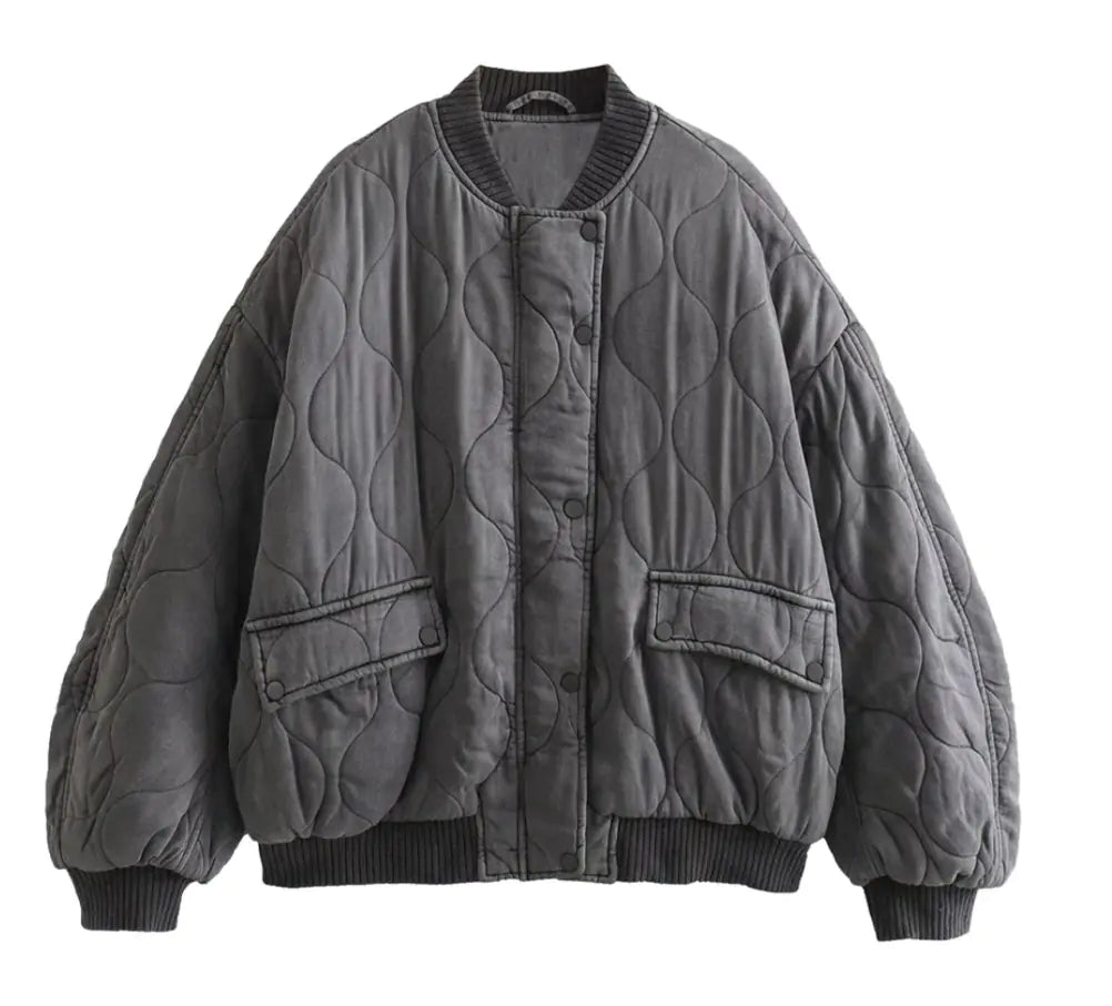 WOLFF Women's Loose Fit Gray Bomber Jacket Pi-Mart